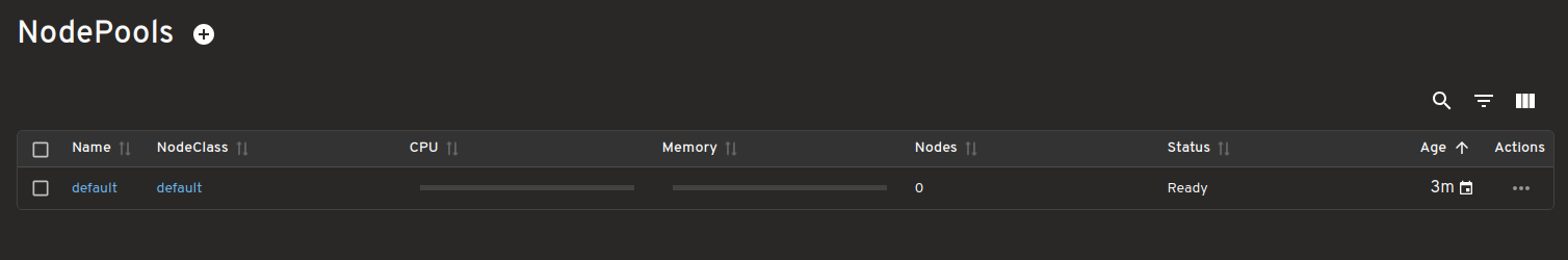 Node Pools data including Name, NodeClass, CPU, Memory, Nodes, Status, Age, Actions